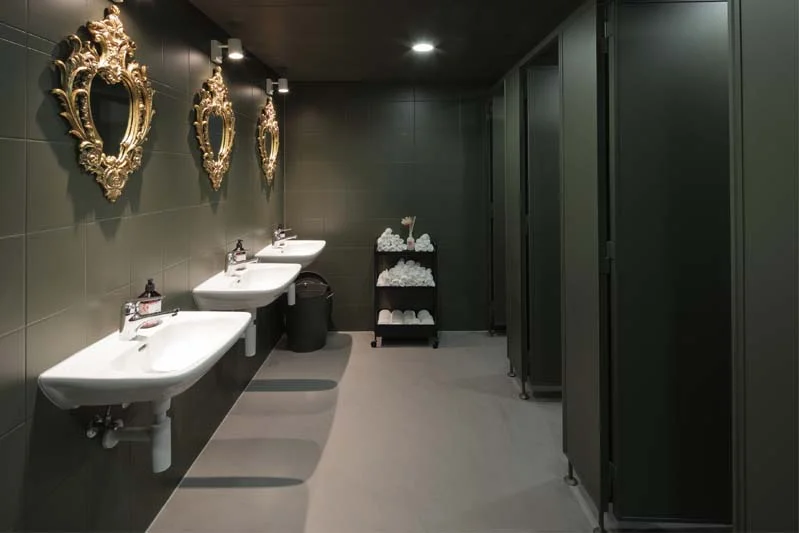Foto eines sehr eleganten und dunkel gehaltenen WCs